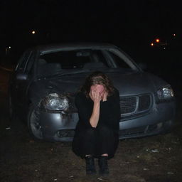 A somber image showing a woman tragically caught in a fatal car crash. The severity of her condition is suggested by her unmoving silhouette seated inside the twisted wreckage, illuminated by the faint, fading lights of the car, contrasting the grim post-accident scene.