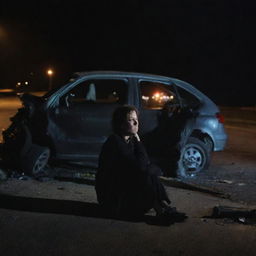 A somber image showing a woman tragically caught in a fatal car crash. The severity of her condition is suggested by her unmoving silhouette seated inside the twisted wreckage, illuminated by the faint, fading lights of the car, contrasting the grim post-accident scene.