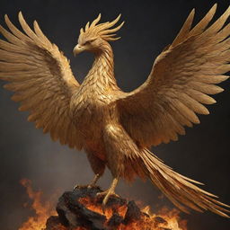 Golden soldier, symbol of a Phoenix, majestically riding the mythical bird as it mystically rises from the ashes.