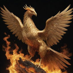 Golden soldier, symbol of a Phoenix, majestically riding the mythical bird as it mystically rises from the ashes.