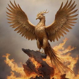 Golden soldier, symbol of a Phoenix, majestically riding the mythical bird as it mystically rises from the ashes.