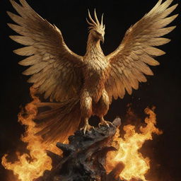 Golden soldier, symbol of a Phoenix, majestically riding the mythical bird as it mystically rises from the ashes.