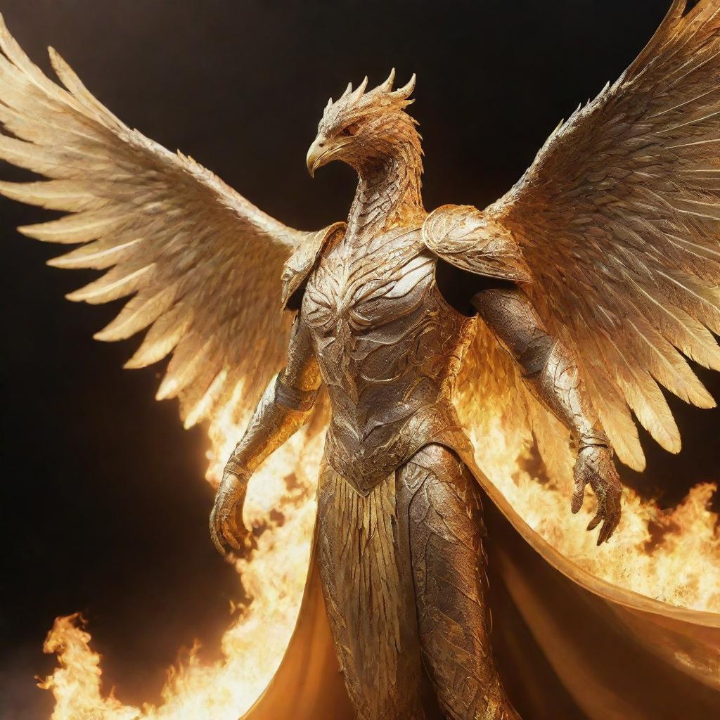 A golden phoenix knight rising from the ashes, glistening in the sunlight with majestic and heroic aura.