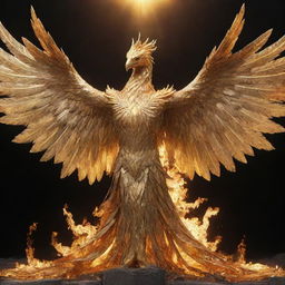 A golden phoenix knight rising from the ashes, glistening in the sunlight with majestic and heroic aura.