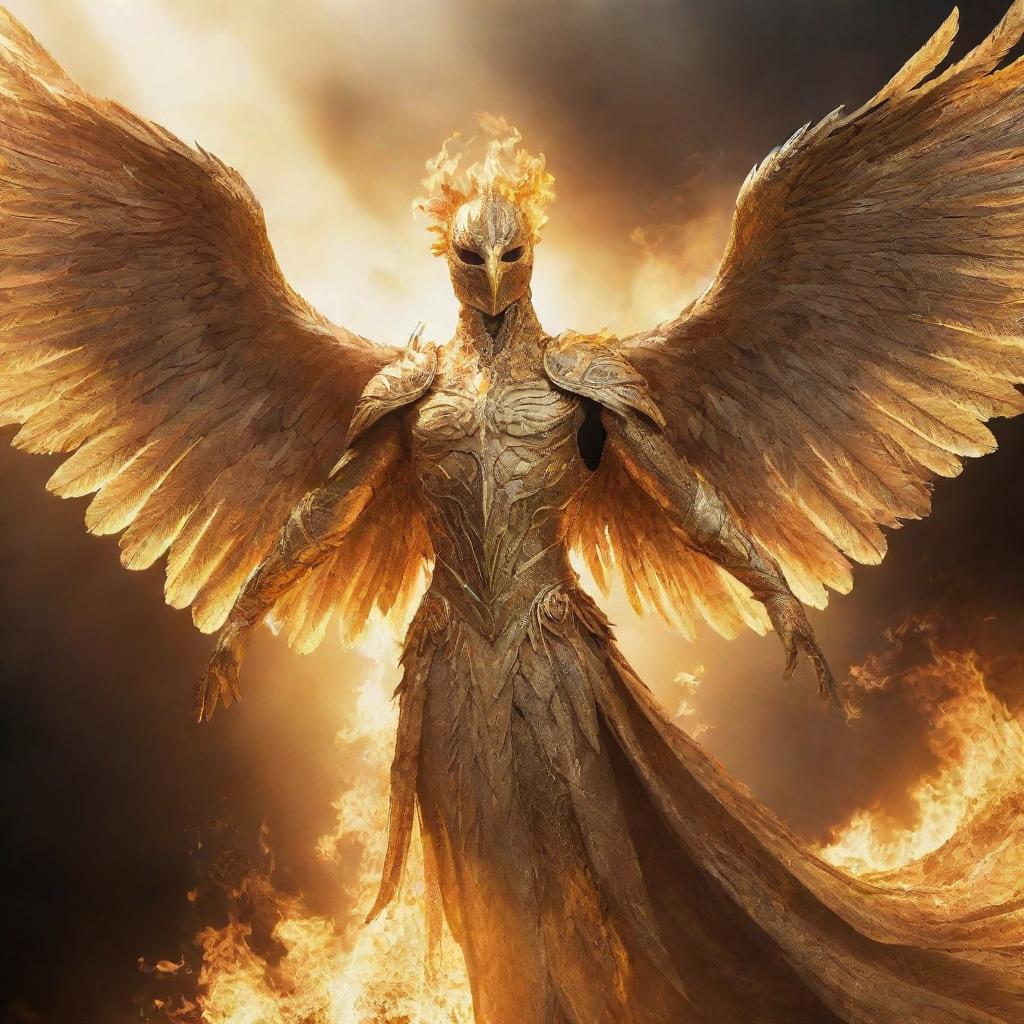 A golden phoenix knight rising from the ashes, glistening in the sunlight with majestic and heroic aura.