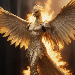 A golden phoenix knight rising from the ashes, glistening in the sunlight with majestic and heroic aura.