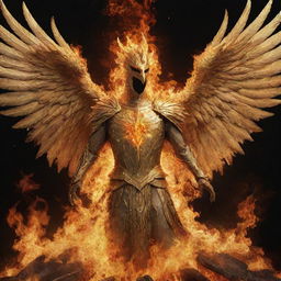 A shimmering golden knight phoenix rising from the ashes, surrounded by vivid licks of fire.