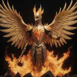 A shimmering golden knight phoenix rising from the ashes, surrounded by vivid licks of fire.