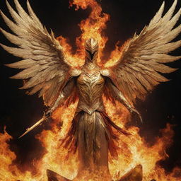 A shimmering golden knight phoenix rising from the ashes, surrounded by vivid licks of fire.