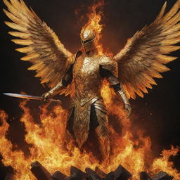 A shimmering golden knight phoenix rising from the ashes, surrounded by vivid licks of fire.