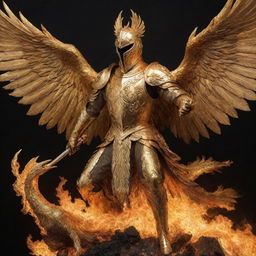 A majestic golden knight riding a large phoenix ablaze, all rising from the ashes, both encased in gleaming golden armor.