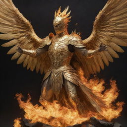 A majestic golden knight riding a large phoenix ablaze, all rising from the ashes, both encased in gleaming golden armor.