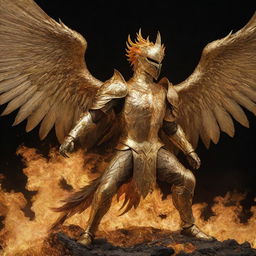 A majestic golden knight riding a large phoenix ablaze, all rising from the ashes, both encased in gleaming golden armor.