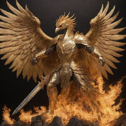 A majestic golden knight riding a large phoenix ablaze, all rising from the ashes, both encased in gleaming golden armor.