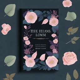 Create a dark themed book cover featuring intricate flower and leaf decals