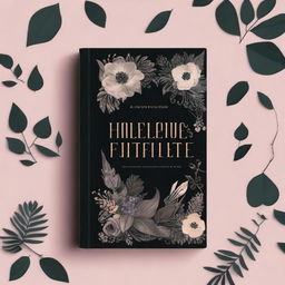 Create a dark themed book cover featuring intricate flower and leaf decals