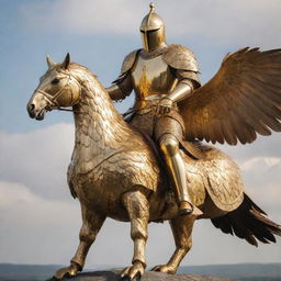 A golden knight riding a large bird, both dressed in grand, gleaming golden armor.