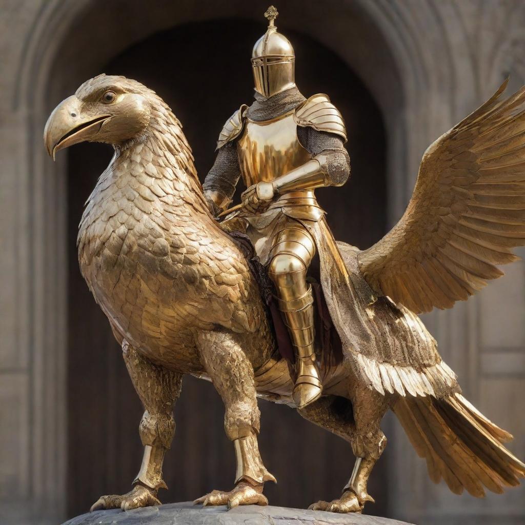 A golden knight riding a large bird, both dressed in grand, gleaming golden armor.