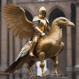 A golden knight riding a large bird, both dressed in grand, gleaming golden armor.