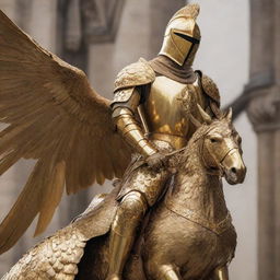 A golden knight riding a large bird, both dressed in grand, gleaming golden armor.