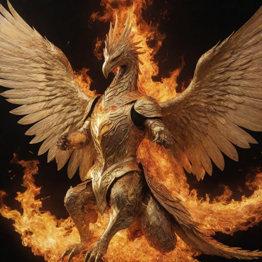 A golden knight riding a large phoenix, both in dazzling golden armor, the phoenix engulfed in vibrant flames.