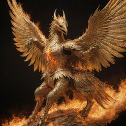 A golden knight riding a large phoenix, both in dazzling golden armor, the phoenix engulfed in vibrant flames.