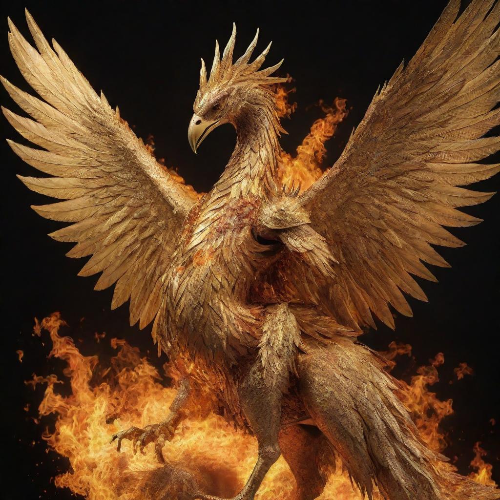 A golden knight riding a large phoenix, both in dazzling golden armor, the phoenix engulfed in vibrant flames.