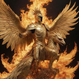 A golden knight riding a large phoenix, both in dazzling golden armor, the phoenix engulfed in vibrant flames.