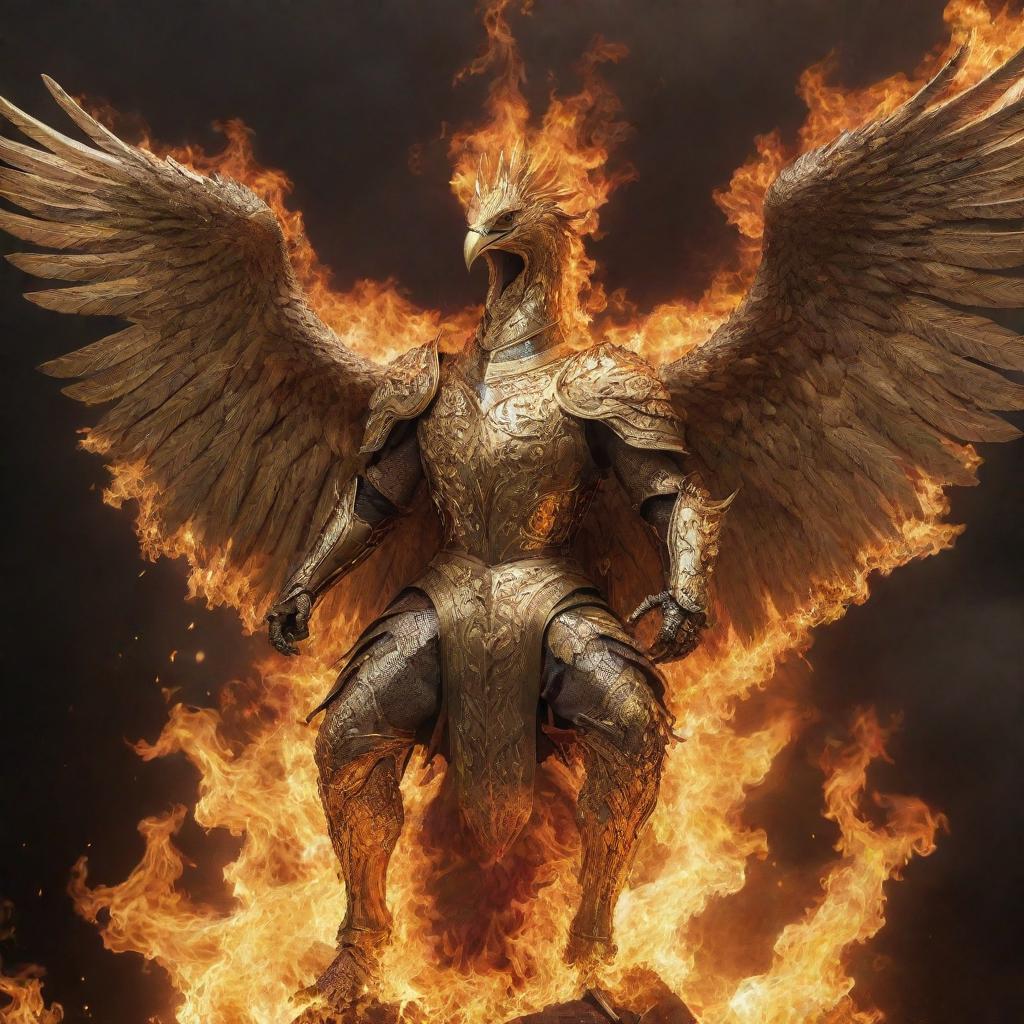 A golden knight in shining armor riding a large phoenix as it rises, engulfed in roaring flames.