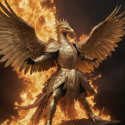 A golden knight in shining armor riding a large phoenix as it rises, engulfed in roaring flames.