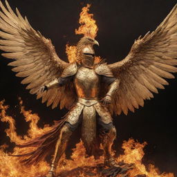 A golden knight in shining armor riding a large phoenix as it rises, engulfed in roaring flames.