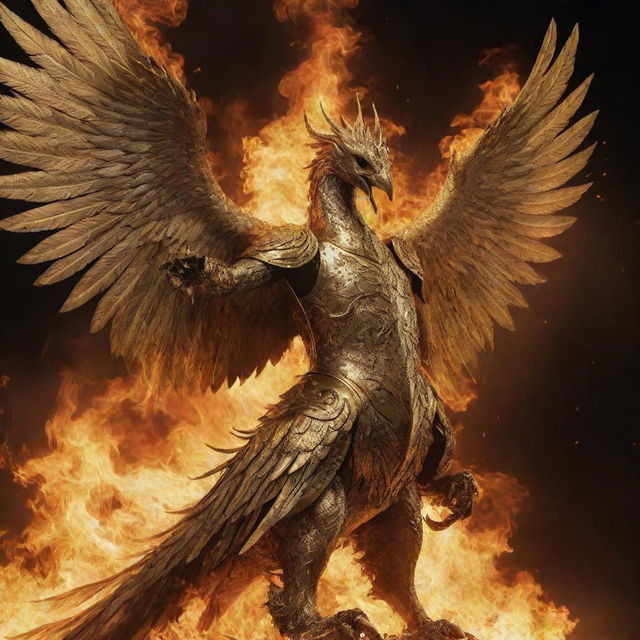 A golden knight in shining armor riding a large phoenix as it rises, engulfed in roaring flames.