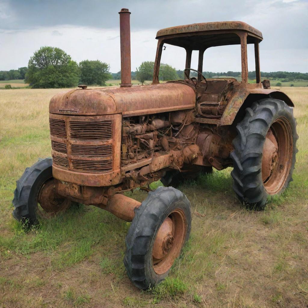 A highly detailed image displaying a dilapidated, broken-down tractor, rusting and abandoned in a field.