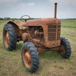 A highly detailed image displaying a dilapidated, broken-down tractor, rusting and abandoned in a field.