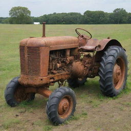 A highly detailed image displaying a dilapidated, broken-down tractor, rusting and abandoned in a field.