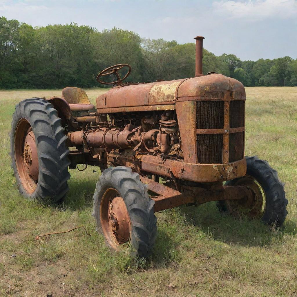 A highly detailed image displaying a dilapidated, broken-down tractor, rusting and abandoned in a field.