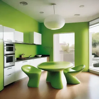 The modern kitchen had a sleek design with leguminous-themed decor, including bean-shaped chairs and pea pod artwork.