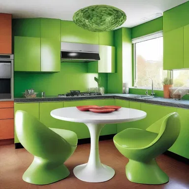 The modern kitchen had a sleek design with leguminous-themed decor, including bean-shaped chairs and pea pod artwork.