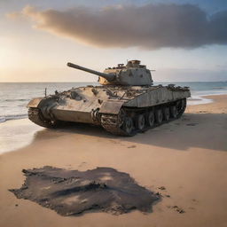 The remains of a distressed, damaged tank and warship, both weathered and crumbling, stranded near a sandy beach with the backdrop of sunsetting seascape.