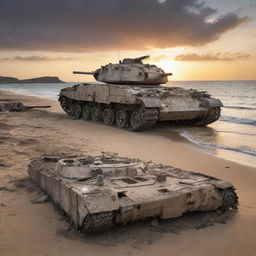 The remains of a distressed, damaged tank and warship, both weathered and crumbling, stranded near a sandy beach with the backdrop of sunsetting seascape.