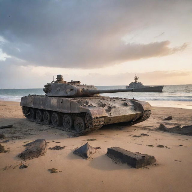 The remains of a distressed, damaged tank and warship, both weathered and crumbling, stranded near a sandy beach with the backdrop of sunsetting seascape.