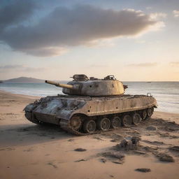 The remains of a distressed, damaged tank and warship, both weathered and crumbling, stranded near a sandy beach with the backdrop of sunsetting seascape.