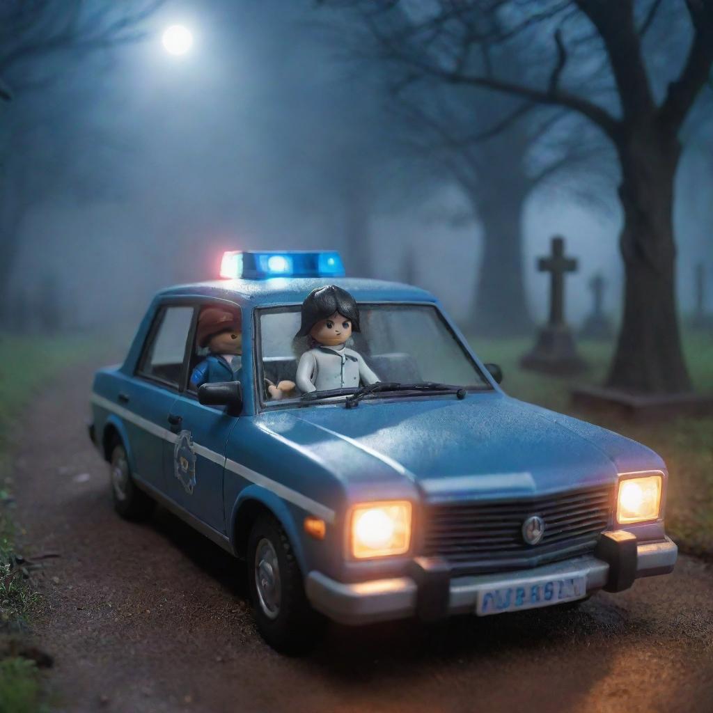 Two Playmobil dolls in a police patrol car, navigating through a misty, dimly lit cemetery at night. The scene carries a mysterious aura under the scarce celestial light