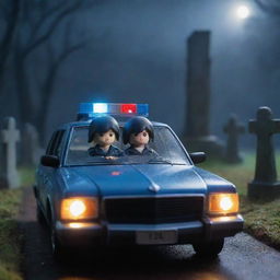 Two Playmobil dolls in a police patrol car, navigating through a misty, dimly lit cemetery at night. The scene carries a mysterious aura under the scarce celestial light