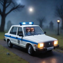 Two Playmobil dolls in a police patrol car, navigating through a misty, dimly lit cemetery at night. The scene carries a mysterious aura under the scarce celestial light