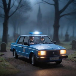 Two Playmobil dolls in a police patrol car, navigating through a misty, dimly lit cemetery at night. The scene carries a mysterious aura under the scarce celestial light