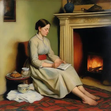The painting depicted a woman sitting by the fireplace with a hot pad on her lap.