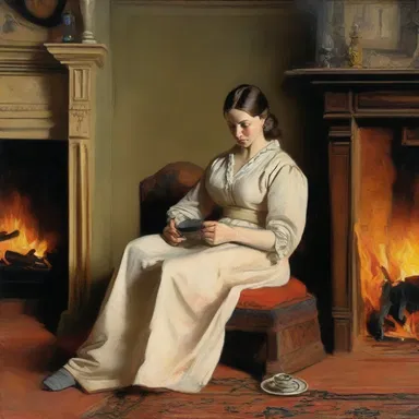 The painting depicted a woman sitting by the fireplace with a hot pad on her lap.