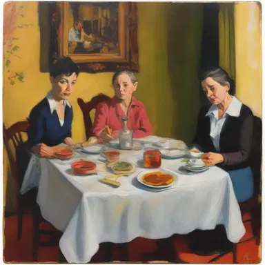 The artist used a hot pad as a prop in their still life painting of a family dinner.
