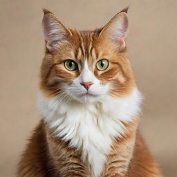 A lifelike image of a graceful, alert domestic cat with vibrant fur color and gleaming eyes, sitting comfortably.